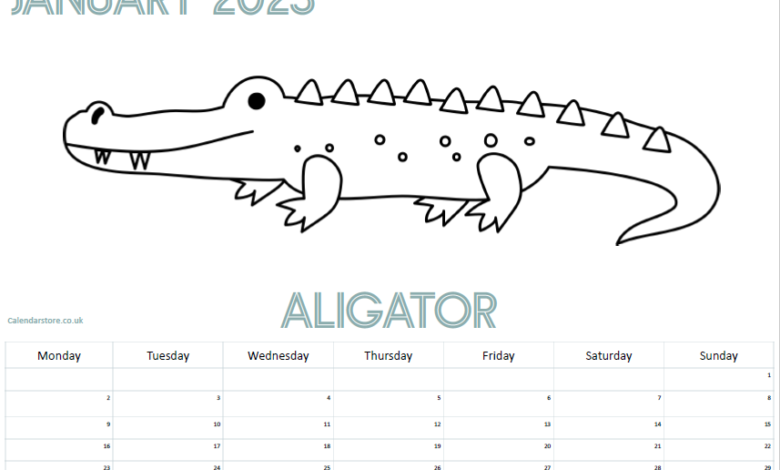 Free Printable Calendar - Colouring Animals - January 2023