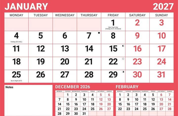 Red & Black Basic A4 Large Print Calendar 2027