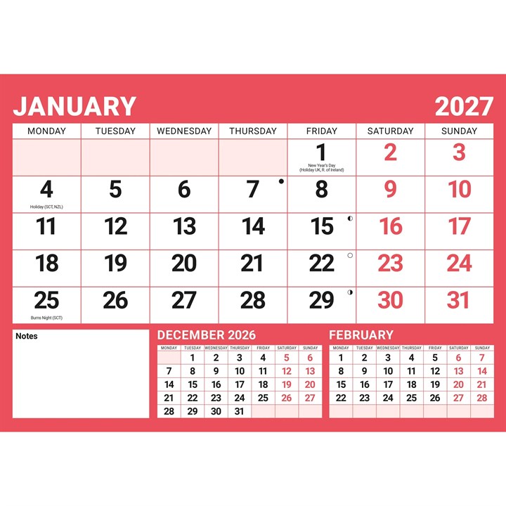 Red & Black Basic A4 Large Print Calendar 2027