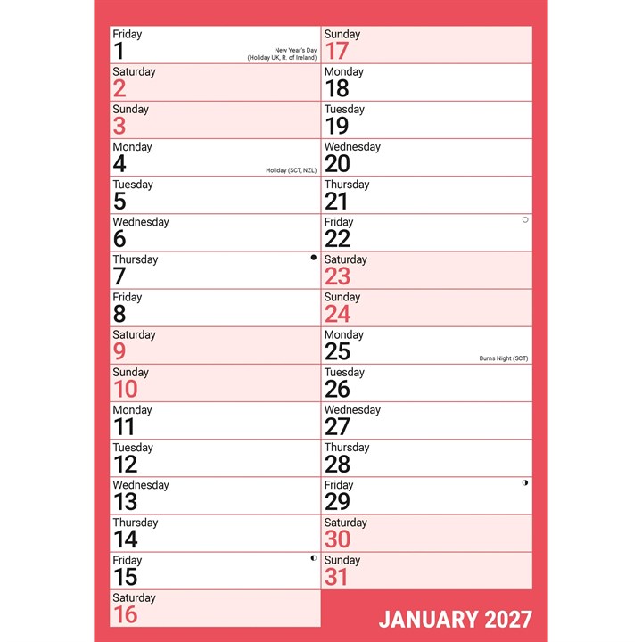 Red & Black Basics A4 Portrait Calendar 2027