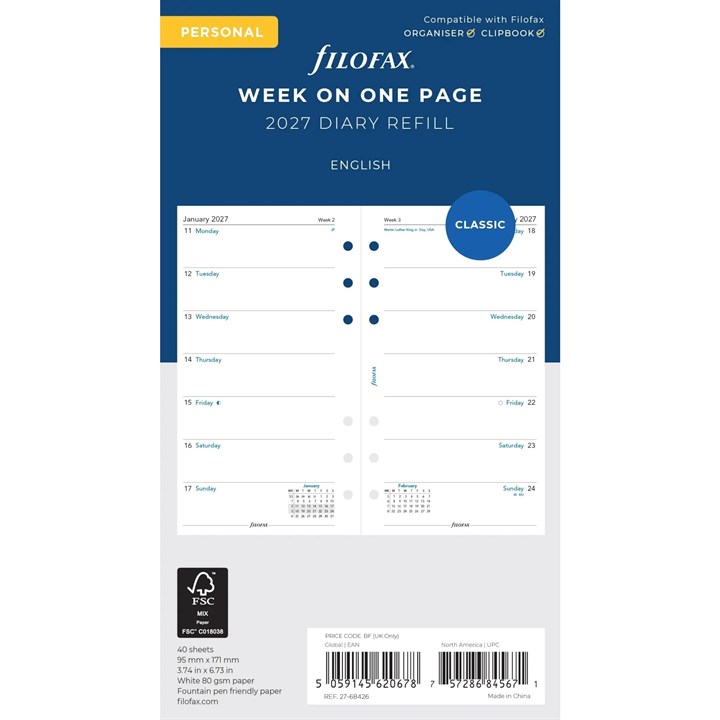 Filofax, Two Weeks To View Personal Refills 2027