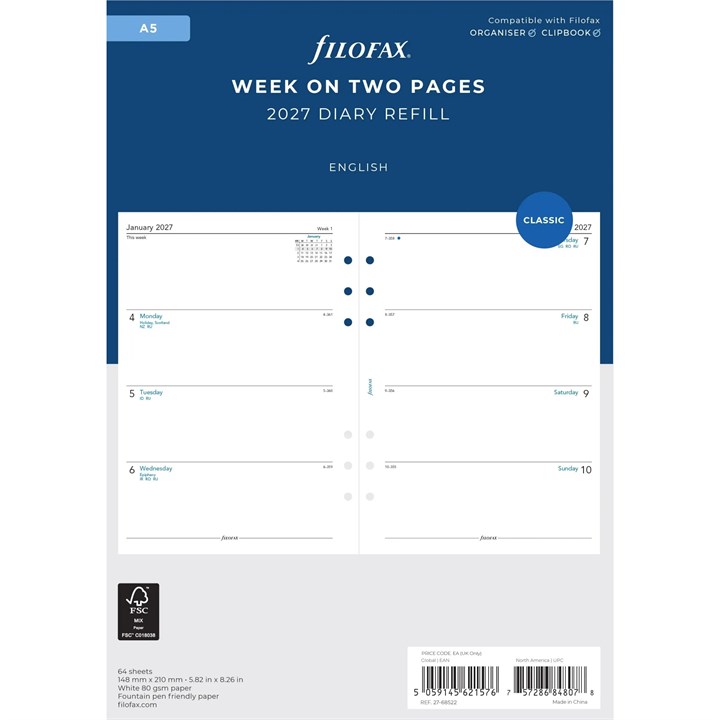 Filofax, Week To View A5 Refills 2027