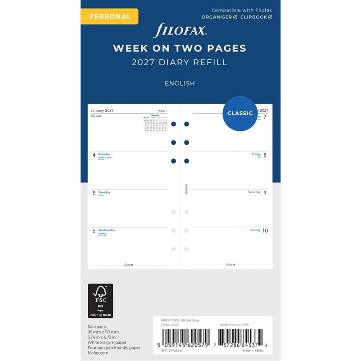 Filofax, Week To View Personal Refills 2027