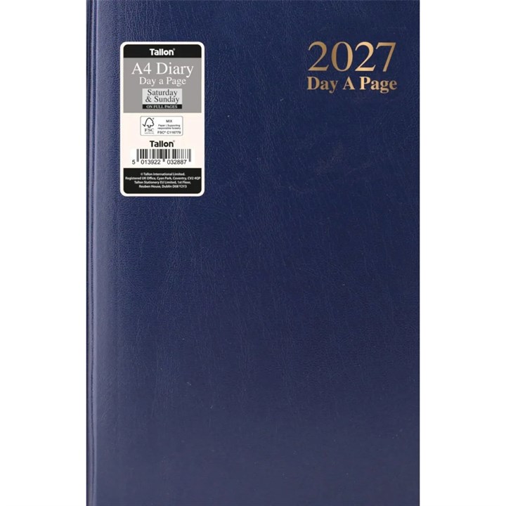 Dark Blue Hardback Day To View A4 Diary With Full Weekend 2027