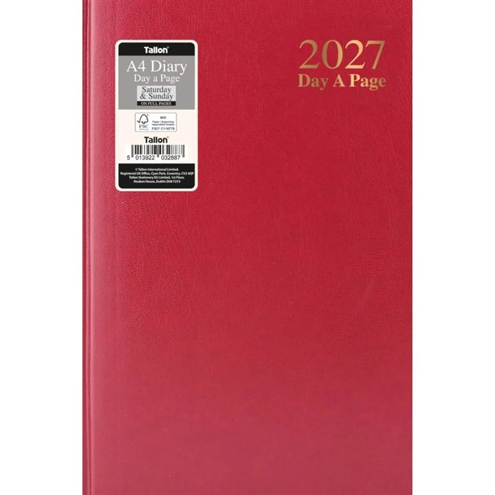 Dark Red Hardback Day To View A4 Diary With Full Weekend 2027