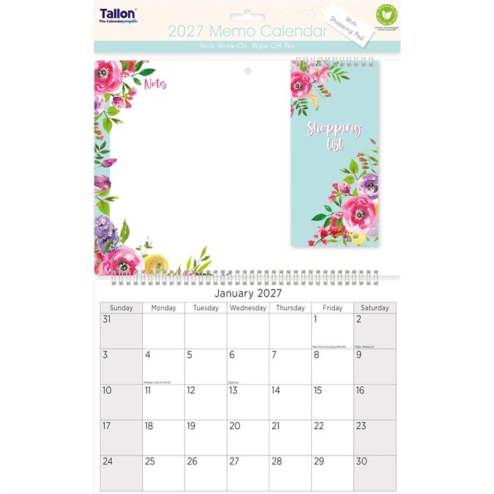 Flowers Memo Calendar & Shopping Pad 2027