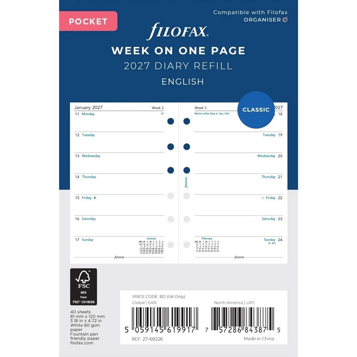 Filofax, Two Weeks To View Pocket Refills 2027